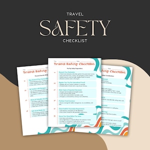 May include: A printable travel safety checklist with tips for pre-trip safety preparations, personal security while traveling, and safety considerations. The checklist is designed with a colorful, abstract pattern.