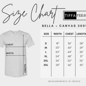 Op de afbeelding: Maattabel voor Bella + Canvas 3001 T-shirts, met afmetingen in inches voor breedte, borst en lengte voor de maten S, M, L, XL, 2XL en 3XL.