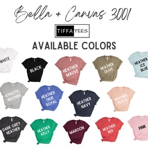 以下が含まれることがあります： Bella + Canvas 3001 の T シャツの色が 15 色表示されています。色は、白、黒、アスレチックヘザー、ダークグレーヘザー、ヘザー トゥルーロイヤル、ヘザー モーブ、ヘザー ネイビー、ヘザー オリーブ、ヘザー ピーチ、ヘザー アイスブルー、ヘザー ケリー、マルーン、ヘザー レッド、ピンクです。