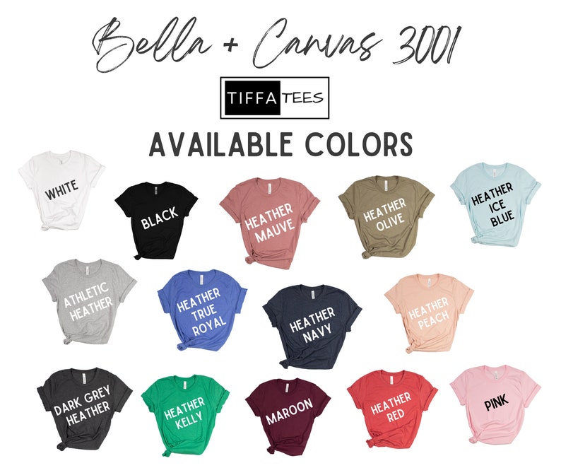 以下が含まれることがあります： Bella + Canvas 3001 の T シャツの色が 15 色表示されています。色は、白、黒、アスレチックヘザー、ダークグレーヘザー、ヘザー トゥルーロイヤル、ヘザー モーブ、ヘザー ネイビー、ヘザー オリーブ、ヘザー ピーチ、ヘザー アイスブルー、ヘザー ケリー、マルーン、ヘザー レッド、ピンクです。