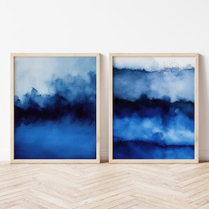 Blaue Wandkunst, 2 teiliges Set, Aquarelldrucke, Schlafzimmer, Abstrakte Wandkunst, 2 Stück Wandkunst, ultramarine blau, dunkelblau, blaue und weiße Kunst
