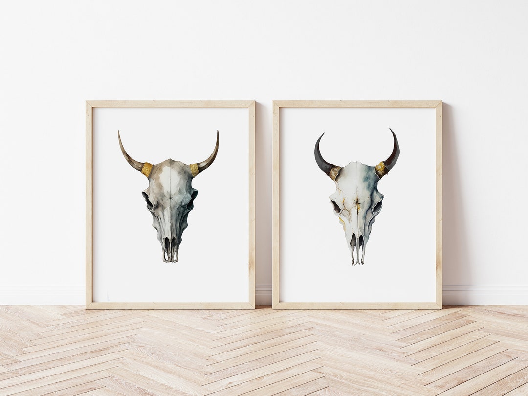 Cow Skull Wall Art Set, 2 Piece Set, Watercolor Wall Art, Bedroom