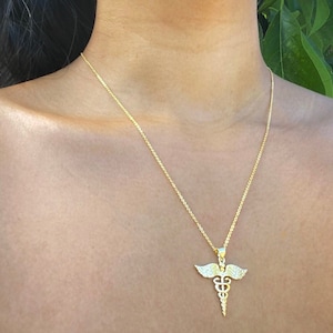 18K Gold Caduceus Necklace | Shiny Gold Kundalini Snakes Necklace | Medical Symbol Caduceus Necklace Gift for Nurse or Spiritual Women