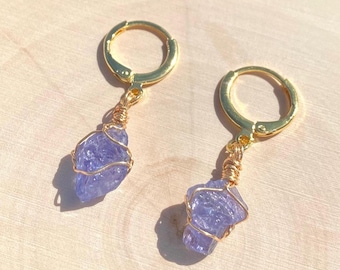 Tanzanite Crystal Earrings, Gold Huggie Hoops, Dainty Tanzanite Natural Gemstone Hoop Earrings, Small Tanzanite Dangle Huggie Hoop Leverback