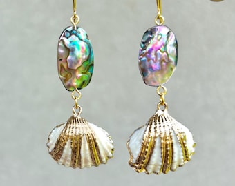 Abalone & Scallop Shell Earrings | Gold Coastal Dangle Seashell Earrings | Abalone Mermaid Jewelry | Beach Gift for Her | Ocean Inspired