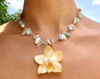 Real Preserved Orchid Necklace | Larimar, Aquamarine, Citrine Crystal Beaded Necklace | Botanical Jewelry Resin Flower Statement Necklace