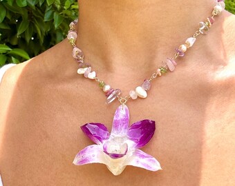 Real Orchid Gemstone Necklace | Pink Tourmaline, Amethyst, Peridot & Pearl Crystal Beaded Necklace | Resin Purple Flower Botanical Statement
