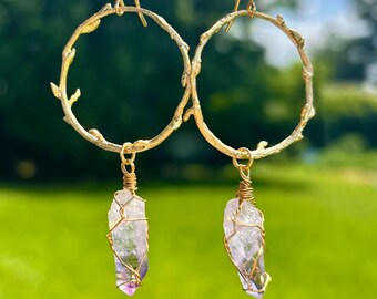 Vera Cruz Amethyst Crystal Earrings, Gold Leaf Branch Hoops, Wire Wrapped Raw Purple Crystal Earrings, Fairy Vines Organic Nature Inspired