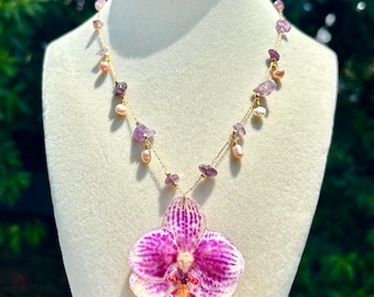 Real Orchid Necklace, Amethyst & Freshwater Pearl Drops, Crystal Beaded Choker, Ethereal Fairy Preserved Flower Resin Botanical Jewelry
