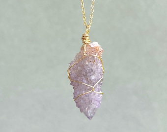 Purple Spirit Quartz Necklace, Cactus Quartz Point Pendant, Gold Wire Wrapped Necklace, Sparkly Lavender Healing Crystal Jewelry