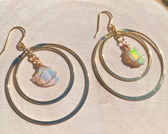 Raw Opal Hoop Earrings, Ethiopian Opal Shiny Gold Hoops, Flashy Welo Opal Earrings, October Birthstone Gift for Libra