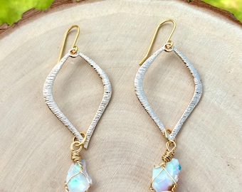 Raw Opal Hoop Earrings, Gold Teardrop Opal Crystal Dangle Earring, Minimalist Boho Wire Wrapped Ethiopian Opal, October Birthstone Jewelry