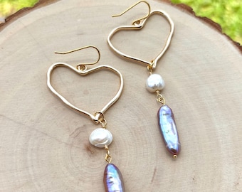 Freshwater Pearl Heart Earrings | Gold Heart Hoop Dangle Earrings | Purple & White Biwa Pearl Hoops | Elegant Romantic Gift for Her