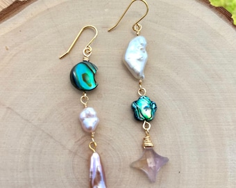 Abalone & Pink Biwa Pearl Earrings | Ametrine Star Crystal Gold Asymmetrical Dangle Earrings | Celestial Boho Pearl Jewelry | Mermaid Gift