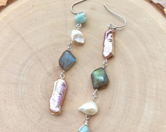 Labradorite Crystal Earrings | Pink Biwa Pearl Asymmetric Earring | Handmade Gemstone Dangle Earrings | Coastal Boho Silver Mermaid Jewelry