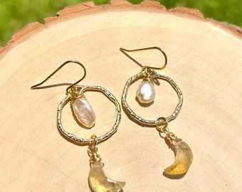 Citrine Moon Earrings | Freshwater Pearl Hoop Earrings | Celestial Crystal Jewelry | Handmade Gold Moon Dangle Earrings | Boho Lunar Jewelry
