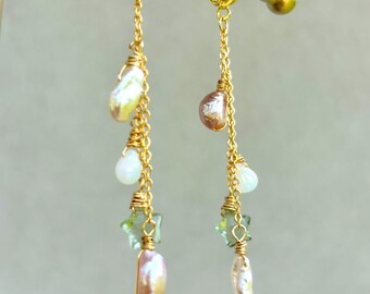 Green Amethyst & Opal Earrings | Freshwater Pearl Star Huggie Hoops | Celestial Gold Dangle Earrings | Handmade Crystal Gemstone Jewelry
