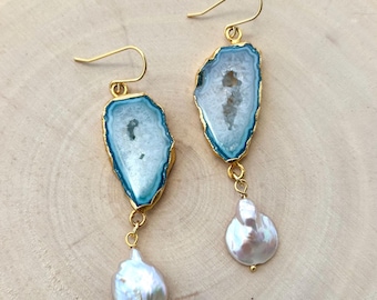 Blue Geode & Baroque Pearl Earrings | Ocean Inspired Sparkly Druzy Earrings, Coastal Boho Crystal Jewelry | Mermaid Statement Earrings Gift