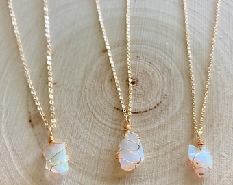 Dainty Ethiopian Opal Necklace | Raw Opal Crystal Pendant, Minimalist Wire Wrapped Gold Necklace, October Birthstone Handmade Gift for Libra