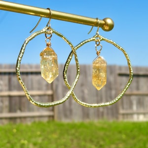 Gold Citrine Hoop Earrings, Large Boho Citrine Hoops, Polished Citrine Point Hoop Earrings, Gold Organic Branch Hoops with Citrine Crystal