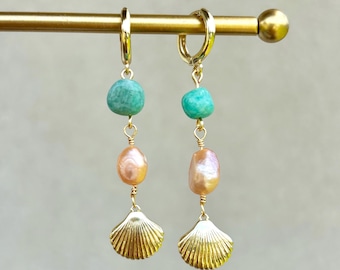 Amazonite & Pearl Shell Earrings | Gold Seashell Huggie Hoops | Coastal Beach Jewelry | Freshwater Pearl Drop Earring | Mermaid Gift for Her