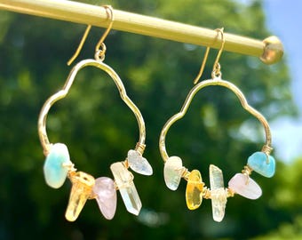 Crystal Hoop Earrings with Larimar, Kunzite, Citrine, Labradorite & Quartz | Gold Cloud Earrings | Natural Gemstone Boho Hoops Wire Wrapped