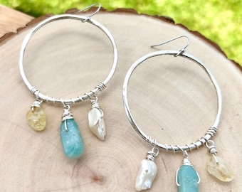 Amazonite Citrine & Pearl Hoop Earrings | Natural Gemstone Pearl Wire Wrapped Silver Boho Crystal Hoop Earrings | Coastal Beach Jewelry Gift