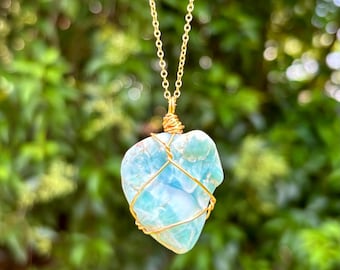 Larimar Necklace, Wire Wrapped Medium Crystal Pendant, Handmade Sky Blue Larimar Gold Necklace, Dolphin Atlantis Stone, Beach Gift for Her