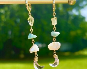 Celestial Moon Pearl Earrings | Larimar Citrine & Freshwater Pearl Gold Huggie Hoops | Ametrine Moon Crystal Dangle Earrings | Mermaid Gift