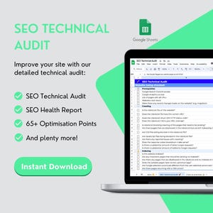 Peut inclure: Un écran d'ordinateur portable affichant une feuille de calcul Google Sheets avec un schéma de couleurs vert, jaune et rouge. La feuille de calcul est intitulée "SEO Technical Audit : Liste de contrôle des tests de site Web" et comprend une liste de points d'optimisation de site Web. Le texte sur le côté gauche de l'image indique "SEO Technical Audit", "SEO Health Report", "65+ Optimisation Points", "And plenty more!" et "Instant Download".