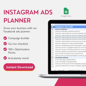 Puede incluir: Una captura de pantalla de una hoja de cálculo de Google Sheets titulada "Instagram Ads Audit". La hoja de cálculo contiene una lista de verificación de preguntas para ayudar a optimizar los anuncios de Instagram. Las preguntas están organizadas en dos secciones: "Configuración de la cuenta" y "Configuración de la campaña".