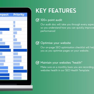 Pu&ograve; includere: Uno schermo di laptop che mostra un elenco di controllo con il titolo "KEY FEATURES". L'elenco di controllo include tre voci: "100+ point audit", "Ottimizza il tuo sito web" e "Mantieni la "salute" dei tuoi siti web".