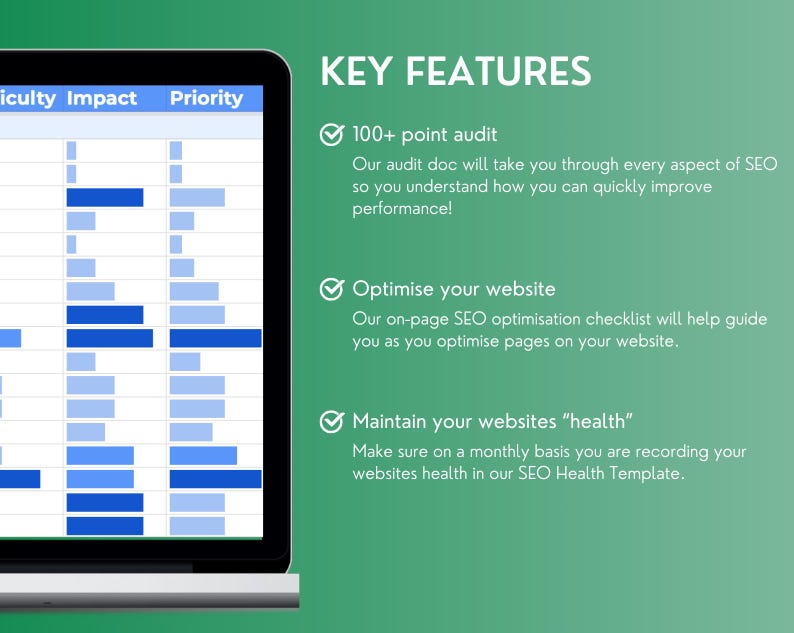 Pu&ograve; includere: Uno schermo di laptop che mostra un elenco di controllo con il titolo "KEY FEATURES". L'elenco di controllo include tre voci: "100+ point audit", "Ottimizza il tuo sito web" e "Mantieni la "salute" dei tuoi siti web".