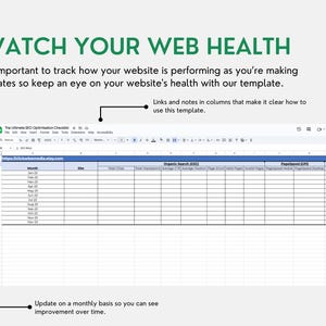 Pu&ograve; includere: Un foglio di calcolo con il titolo "The Ultimate SEO Optimization Checklist" e l'URL "https://rickyname.etsy.com". Il foglio di calcolo ha colonne per mese, sito, clic totali, impressioni totali, CTR medio, posizione media, errori di immagine, pagine mobili, pagine mobili, velocit&agrave; di pagina mobile, velocit&agrave; di pagina mediana e modifiche alla velocit&agrave; di pagina.