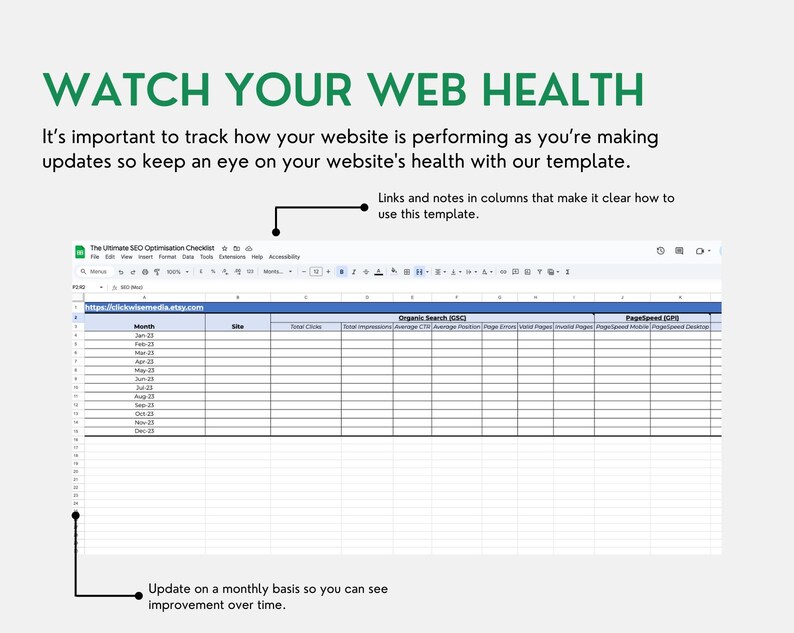 Pu&ograve; includere: Un foglio di calcolo con il titolo "The Ultimate SEO Optimization Checklist" e l'URL "https://rickyname.etsy.com". Il foglio di calcolo ha colonne per mese, sito, clic totali, impressioni totali, CTR medio, posizione media, errori di immagine, pagine mobili, pagine mobili, velocit&agrave; di pagina mobile, velocit&agrave; di pagina mediana e modifiche alla velocit&agrave; di pagina.