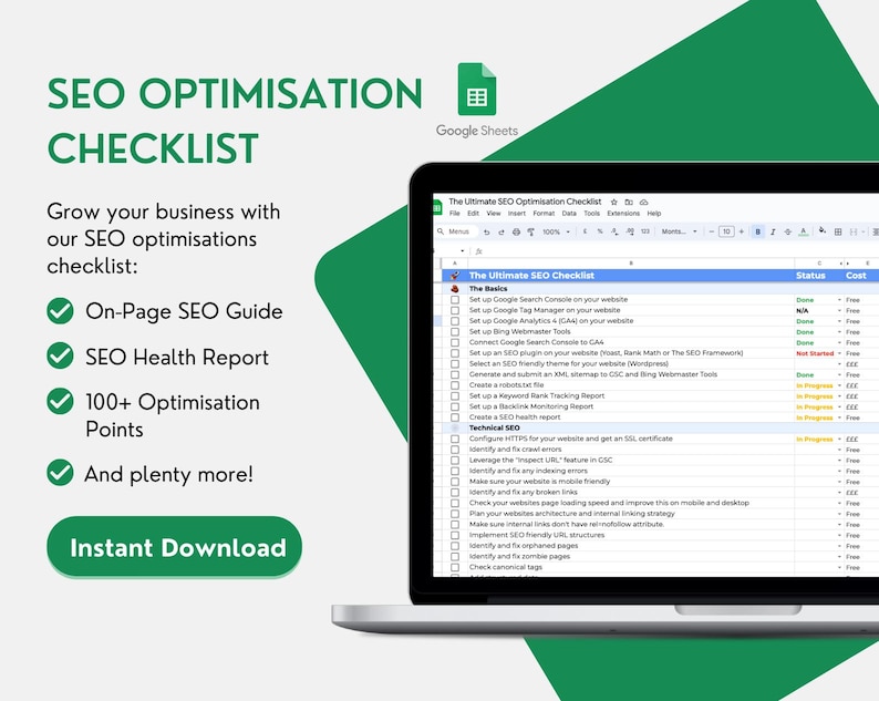 Pu&ograve; includere: Uno schermo di un computer portatile che mostra un foglio di calcolo di Google Sheets intitolato "The Ultimate SEO Checklist". Il foglio di calcolo &egrave; diviso in sezioni, tra cui "The Basics" e "Technical SEO", con caselle di controllo e colonne di stato. Il foglio di calcolo &egrave; una checklist per ottimizzare un sito web per i motori di ricerca.