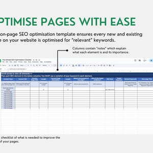 Pu&ograve; includere: Un modello di foglio di calcolo per ottimizzare le pagine del sito web per i motori di ricerca. Il modello include colonne per il tipo di contenuto, l'URL del contenuto, il titolo della pagina, la lunghezza, la descrizione della pagina del contenuto, la lunghezza, qual &egrave; lo scopo della pagina, chi &egrave; il pubblico di destinazione, la data di creazione, le parole chiave di destinazione, le parole chiave correlate e il nuovo titolo della pagina. Il testo "The Ultimate SEO Optimization Checklist" &egrave; nella parte superiore del foglio di calcolo.