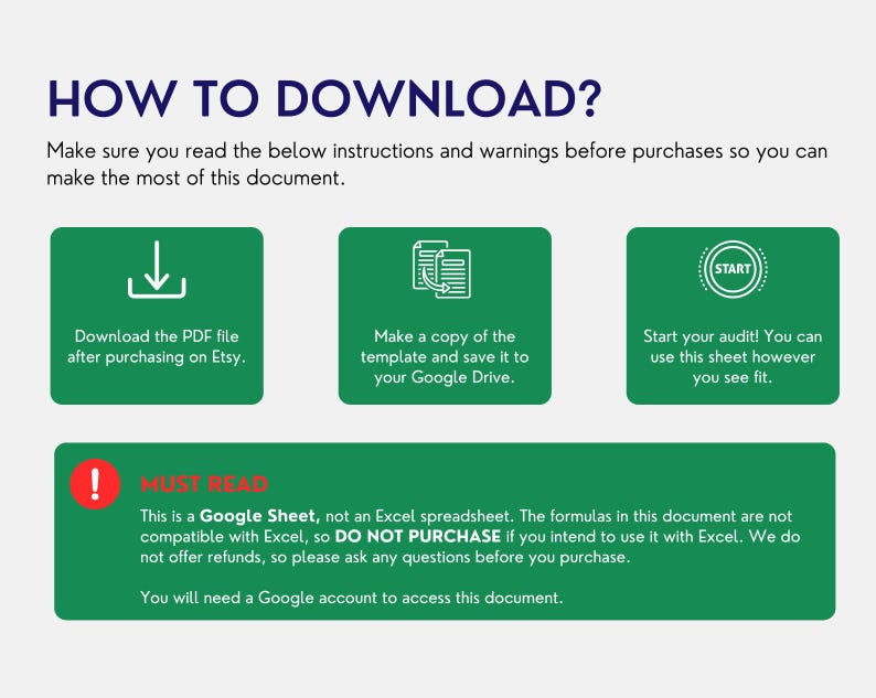 Pu&ograve; includere: Grafica verde e bianca con istruzioni su come scaricare un foglio Google. Il testo recita "COME SCARICARE?" e include istruzioni per scaricare il file PDF dopo l'acquisto su Etsy, creare una copia del modello e salvarlo su Google Drive, e iniziare l'audit. La grafica include anche un avviso che il foglio &egrave; un foglio Google, non un foglio di calcolo Excel, e che le formule non sono compatibili con Excel. Il testo recita "DA LEGGERE" e include l'avviso "NON ACQUISTARE" se si intende utilizzarlo con Excel.