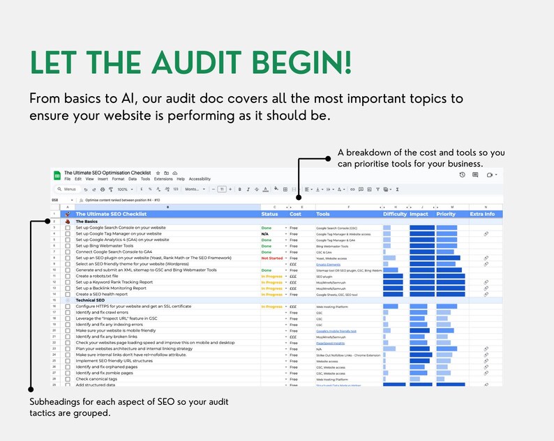 Pu&ograve; includere: Uno screenshot di un foglio di calcolo con un elenco di controllo per l'ottimizzazione SEO. L'elenco di controllo include argomenti come la configurazione di Google Search Console, Google Analytics e Google Tag Manager. Il foglio di calcolo include anche una ripartizione del costo e degli strumenti per ogni attivit&agrave;, nonch&eacute; la difficolt&agrave; e la priorit&agrave; di ogni attivit&agrave;.