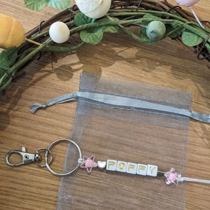 Personalised name letter bead keyring, School keyring, Name keyring, Party bag gifts, name school / class leavers gifts, party bag fillers Light pink