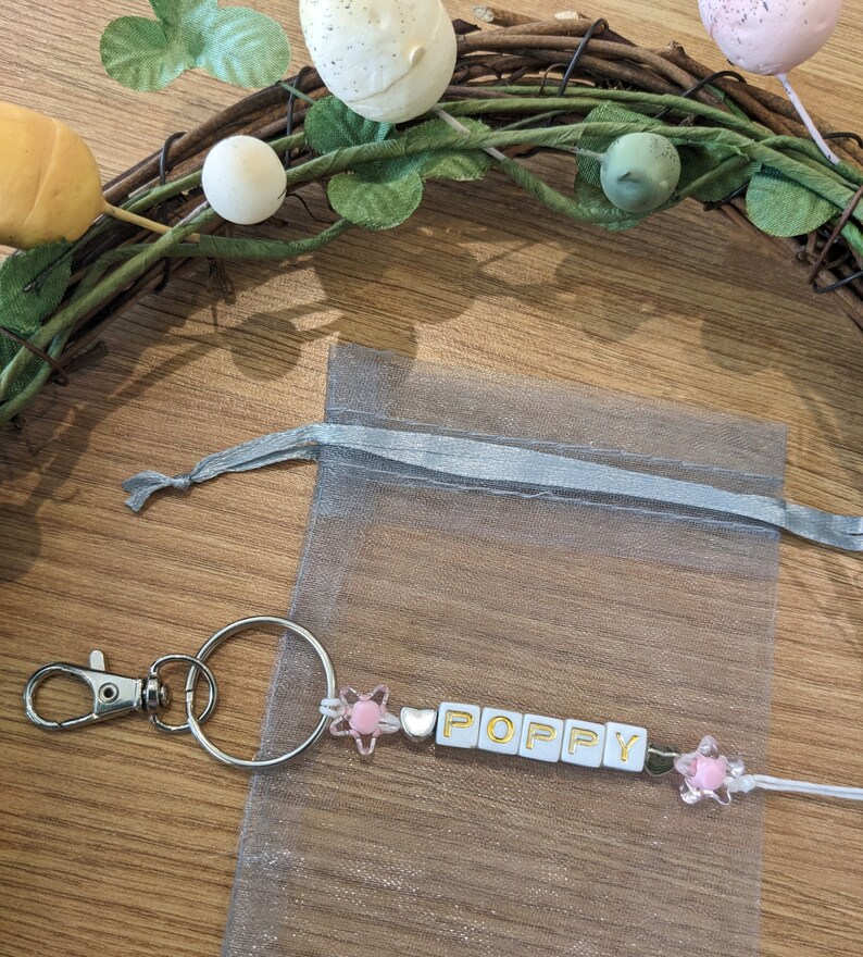 Personalised name letter bead keyring, School keyring, Name keyring, Party bag gifts, name school / class leavers gifts, party bag fillers Light pink