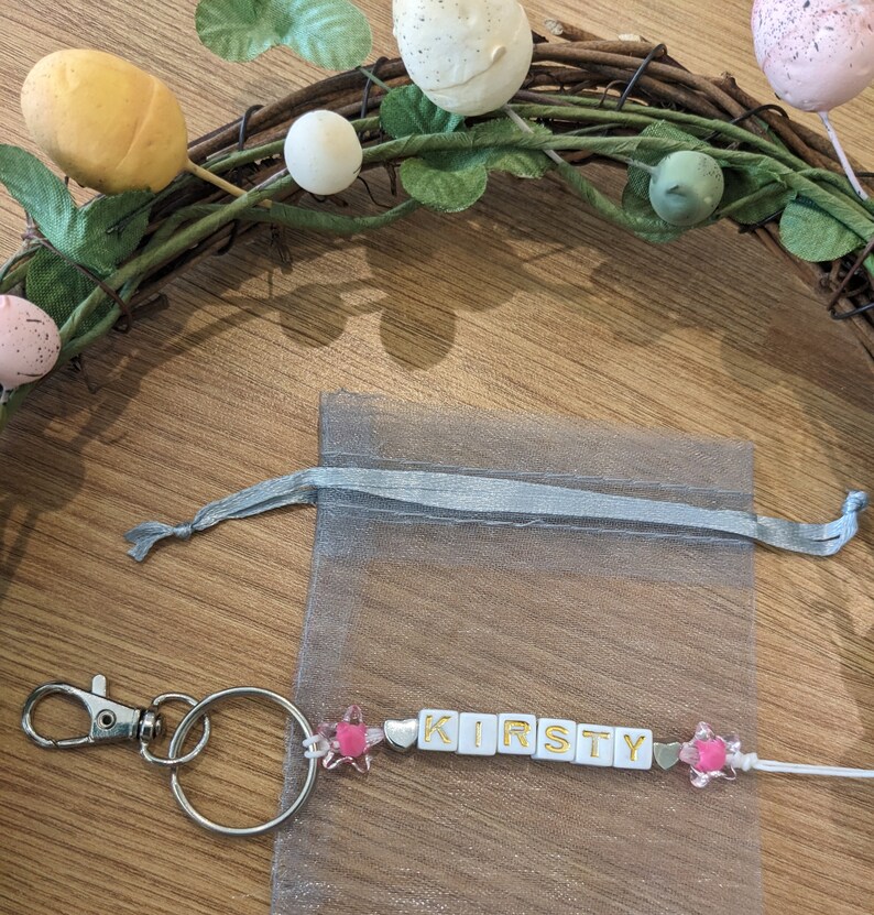 Personalised name letter bead keyring, School keyring, Name keyring, Party bag gifts, name school / class leavers gifts, party bag fillers Dark pink