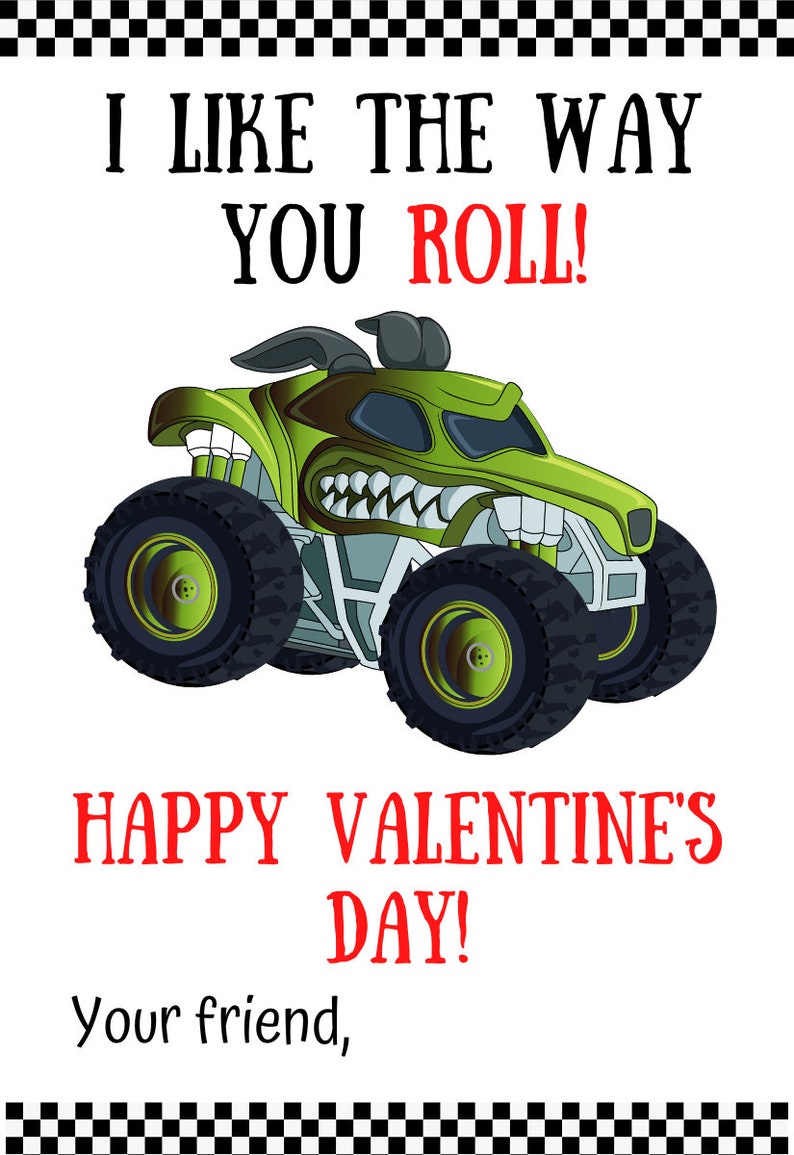 Monster Truck Valentine's Day Cards, 4 Designs 8 Cards per Page Instant ...