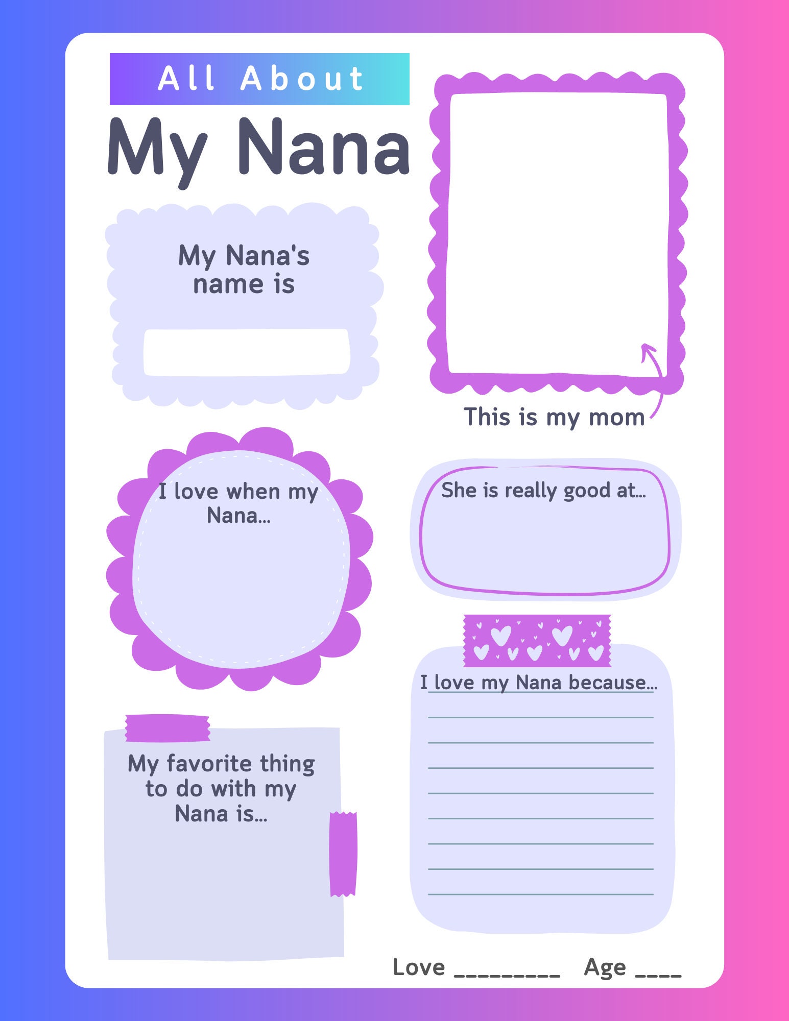All About My Nana Printable Worksheet Etsy
