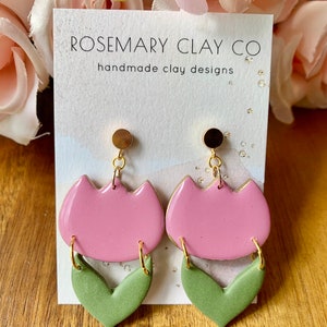 HANDMADE CLAY EARRINGS | pink tulip flower dangle polymer clay earrings
