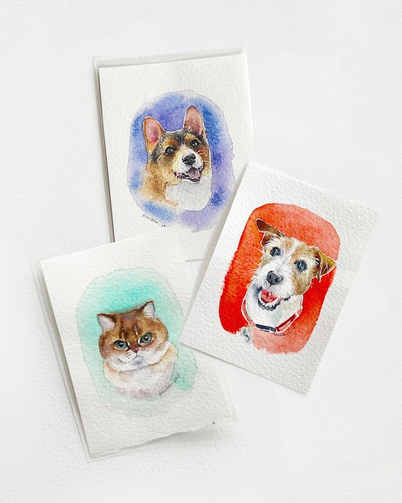 Miniature 2.5x3.5 inches Watercolor Pet Portrait: Personalized Hand-Painted Gift for Pets Lovers