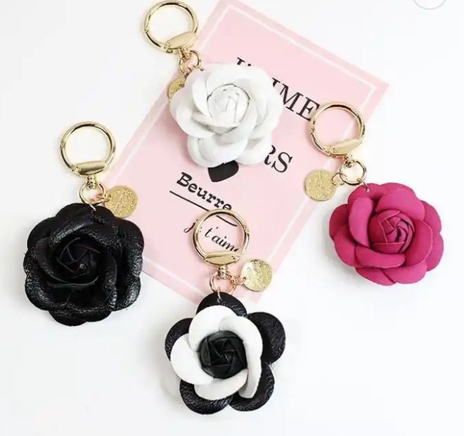 Chanel Style Pearl Embellished Camellia with Charms Keychain/Bag Charm