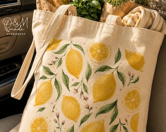 Canvas Tote Bag, Lemon Bag, Farmers Market Tote, Reusable Grocery Tote, Market Bag, Botanical Lemon Tote, Gift for Her