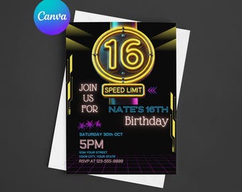 Invito per il 16° compleanno di un ragazzo Limite di velocità Invito per il 16° compleanno di un ragazzo Invito per il sedicesimo compleanno Modello Canva Idea per la festa di compleanno a tema neon 16