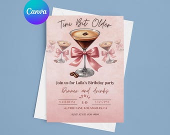 Peut inclure: Invitation à une fête d'anniversaire rose avec un verre à martini au café et un nœud rose. Le texte indique "Tini Bit Older", "Join us for Laila's Birthday party", "Dinner and drinks", "Saturday April 10, 3 to 7 PM", "123 Tree Lane, Los Angeles, CA", et "RSVP at 833-000-9000".